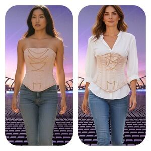 Women’s gorgeous beige boned corset with draped gold beading